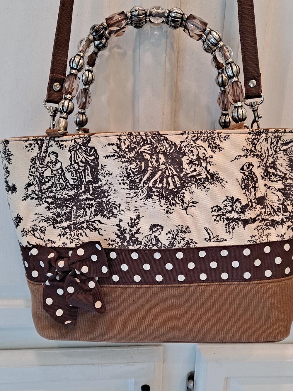 Vivary Vintage Cream Brown Toile De Jouy Tote Satchel Polka-Dot Bow Canvas Bag - Picture 2 of 14